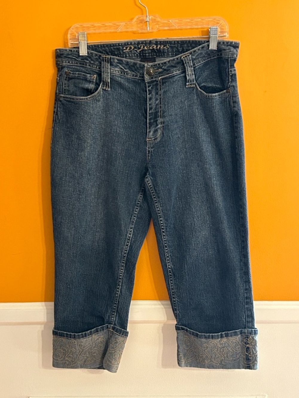 D.Jeans Dark Blue Cropped Jeans with Embroidered Cuffs